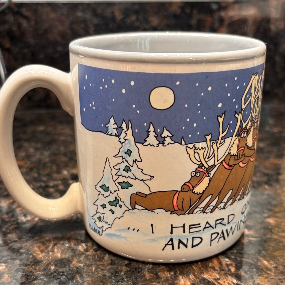 Vintage 1990 Santa Christmas Mug Santa and Reindeer on Rooftop Potpourri Press